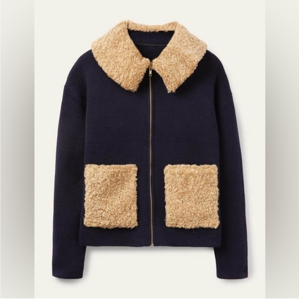 Boden Borg Cropped Coatigan Knit Zip-Up Jacket Navy